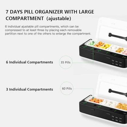 VODESON Weekly (7days) Travel Pill Organizer,Smart Remind Pill Box with Alarm,Medicine Dispenser Portable Travel Pill Case for Vitamins/Fish Oil/Supplements/Pills Home Pill Reminder