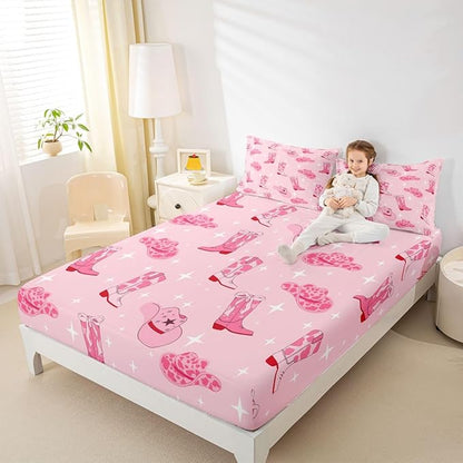 Cowgirl Pink Fitted Sheet Set with 2 Pillowcase(No Flat),Western Cowgirl Boots Hats Tribal Mattress Cover,Cartoon Lightning Pink Cowhide Starry Bedding Set Queen Size