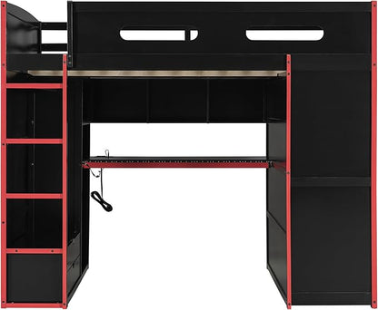 GOWE Full Size Wood Loft Bed with Desk,Wardrobe,Ample Storage Space,and RGB Light, Red(Old SKU:LT000261AAR)
