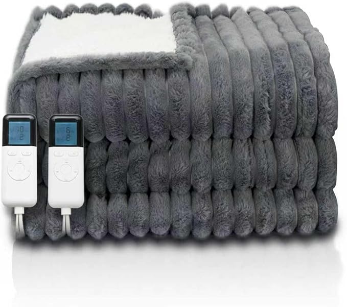 Heated Blanket Queen 84" x 90" Faux Fur & Sherpa Electric Blanket Queen Size with 10 Heating Levels & 1-12 Hours Auto Off, Soft Cozy Heating Blanket Machine Washable, Grey