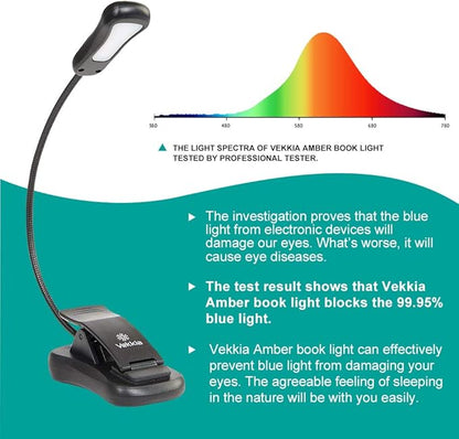 Vekkia Amber Rechargeable 7 - Led Eye - Care Book Light with Blue - Light Blocking, 3 Levels, 1600K for Eye - Friendly Use. Offers Up to 70 Hours of Reading