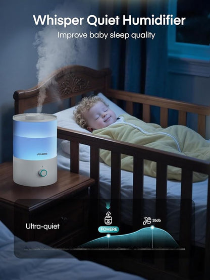 FOHERE Humidifier for Bedroom Baby, 3.2L Top Fill Cool Mist Humidifiers for Nursery, Home, 28H Ultra Quiet Runtime, Auto Shut-Off, Soft 7-Color Night Light, BPA-Free, Essential Oil Tray, White