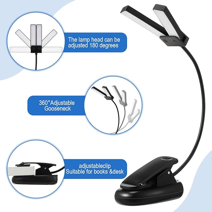 Retisee 6 Pcs Music Stand Clip on Reading Light Dual Heads USB and AAA Battery Operated LED Book Lights in Bed 3 Brightness Levels Ideal for Musician, Battery Not Included (Double-Light Style)