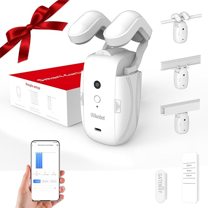 Automatic Curtain Opener with Remote, Compatible with Alexa and Google Home, Smart with Remote for Roman/U/T Rails, Bluetooth Curtain Opener with App/Timer, Gifts for Women and Men