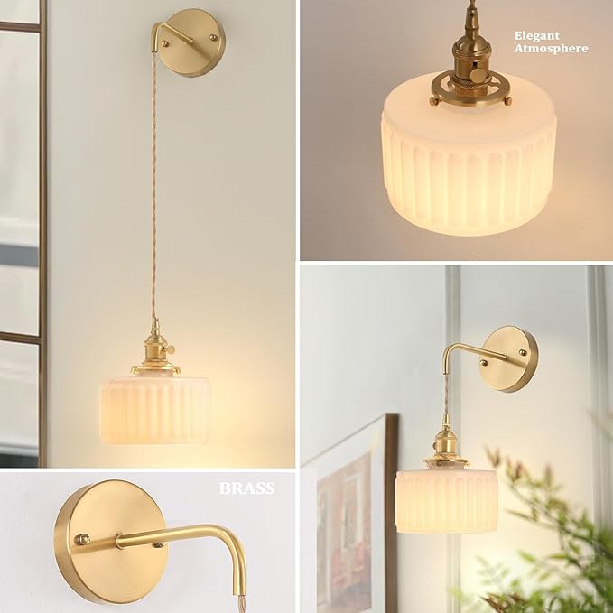 Battery Operated Wall Sconce with White Striped Shade Pattern Glass Adjustable Chain Retro Gold Wall Mounted Light, Modern Wall Lamp Fixtures Decor for Bedside Bedroom Indoor Doorway