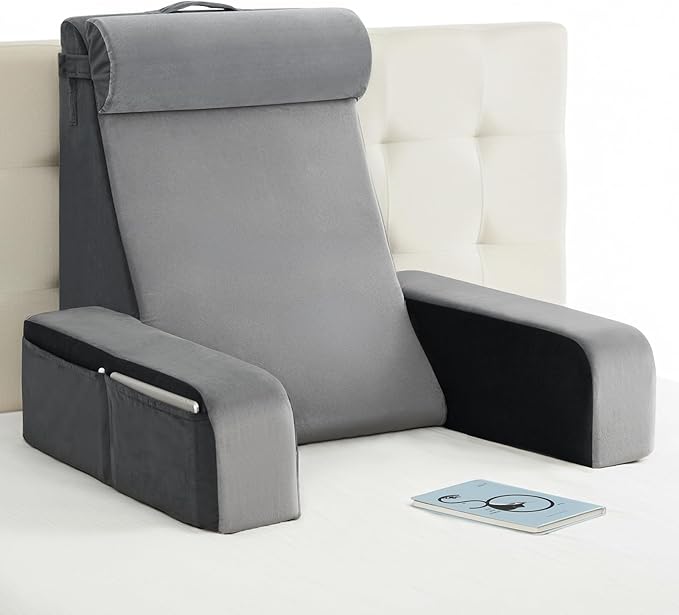 Vekkia 25" Extra-Large Reading Pillow for Tall Adults – 60° Ergonomic Wedge Back Pillow with Built-in Armrests, Adjustable Headrest & Large Pockets – Ideal for Sitting in Bed, Reading, TV, and Gaming