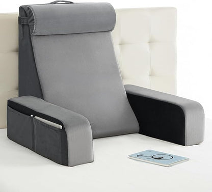 Vekkia 25" Extra-Large Reading Pillow for Tall Adults – 60° Ergonomic Wedge Back Pillow with Built-in Armrests, Adjustable Headrest & Large Pockets – Ideal for Sitting in Bed, Reading, TV, and Gaming