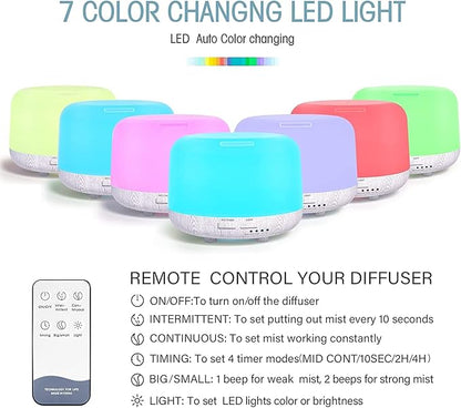 Aromatherapy Diffuser for Essential Oil, 300ml Cool Mist Humidifier with Remote Control, Aroma Diffusers for Home with Waterless Safety Switch & 14 LED Colors White Wood Base