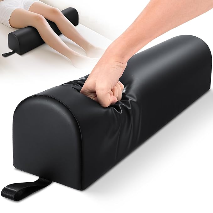 Noverlife 3/4 Round Massage Table Bolster Pillow with Strap Handle, 26 x 6 x 6 In PU Leather Massage Bolster for Under Legs, Cozy Positioning Support Pad for Knee Neck Back Pain Relief - Black