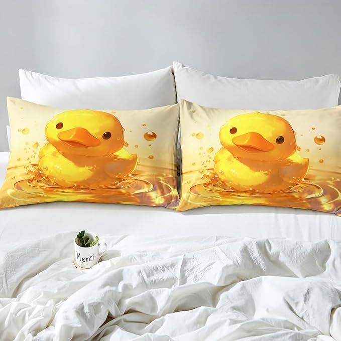 Lovely Duck Kids Fitted Sheet Twin Size,Cartoon Bird Animal Country Nature Bedding Set,Boys Girls Room Decor,Cute Pond Animals Farmhouse Bed Cover,Yellow Rustic Bed Sheet,1 Pillowcase