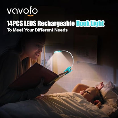 VAVOFO Rechargeable Book Light, 14 LEDs Eye Care Clip On Amber Reading Light for Bookworms Reading in Bed with 9 Colors 9 Brightness (Lake Blue)