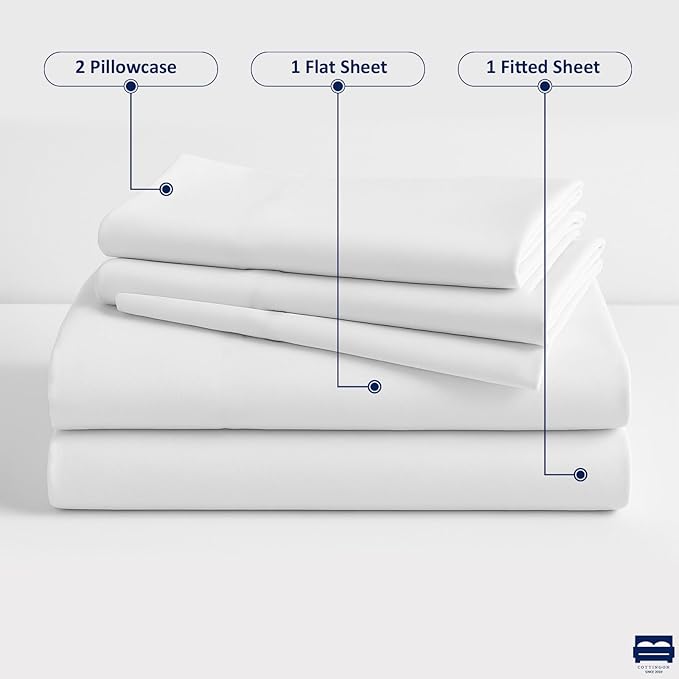 Cottingon 33"x75" Cot Sheet and Pillow Case 4 Piece Set, 100% Egyptain Cotton Soft Bedding Perfect for Rollaway, Folding, Guest Bed Frame, Fits Upto 7" Deep Mattress, White Solid