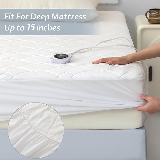 King Size Electric Heated Mattress Pad - Quilted Bed Warmer with Memory & Preheat Functions, 12 Heat Settings Dual Control for 1-12 Hours Auto Off, Lighted Button