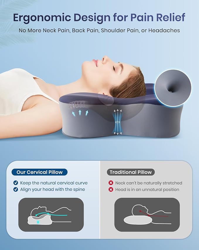 Cervical Neck Pillow for Pain Relief, Cooling Excellent Support Side Sleeper Pillow for Adults, Ergonomic Memory Foam Pillows for Sleeping, Contour Neck Pillow for Side Back Stomach Sleepers