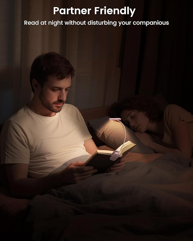 Glocusent 26 LED Book Light, 1200 mAh 90 Hrs Lasting Rechargeable Reading Light, 5 Amber Colors & Stepless Dimming Book Reading Light - Portable Clip on Light for Book Lovers Kids-Pink