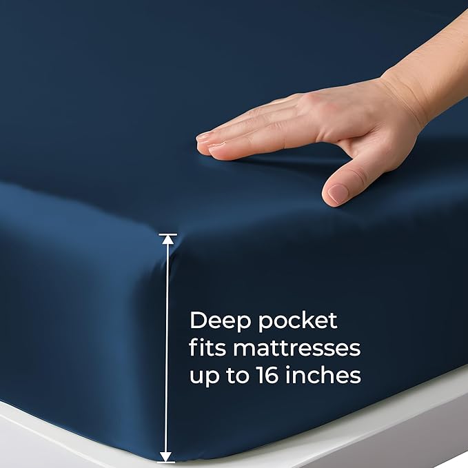 LINENWALAS Fitted Sheet Only Viscose Derived from Bamboo, Bottom Sheet for King Size Bed – 16” Deep Pocket, All Around Snug Fit – Cooling, Breathable, Soft, Hypoallergenic (Navy Blue, King)