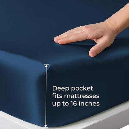 LINENWALAS Fitted Sheet Only Viscose Derived from Bamboo, Bottom Sheet for Queen Size Bed – 16” Deep Pocket, All Around Snug Fit – Cooling, Breathable, Soft, Hypoallergenic (Navy Blue, Queen)