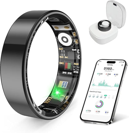 Smart Health Ring, Featuring Stress and Sleep Monitoring Functions, Compatible with iOS and Android, Waterproof Fitness Tracker for Women & Men, No Subscription Fee. (Black, 8)
