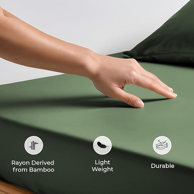 LINENWALAS Fitted Sheet Only Viscose Derived from Bamboo, Bottom Sheet for Twin Size Bed – 16” Deep Pocket, All Around Snug Fit – Cooling, Breathable, Soft, Hypoallergenic (Avocado Green, Twin)