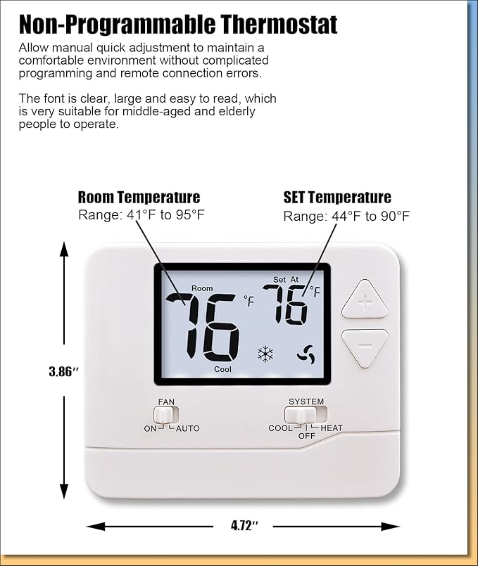 Non Programmable Thermostat, Single-Stage 1 Heat 1 Cool, Simple Digital Thermostats for Home