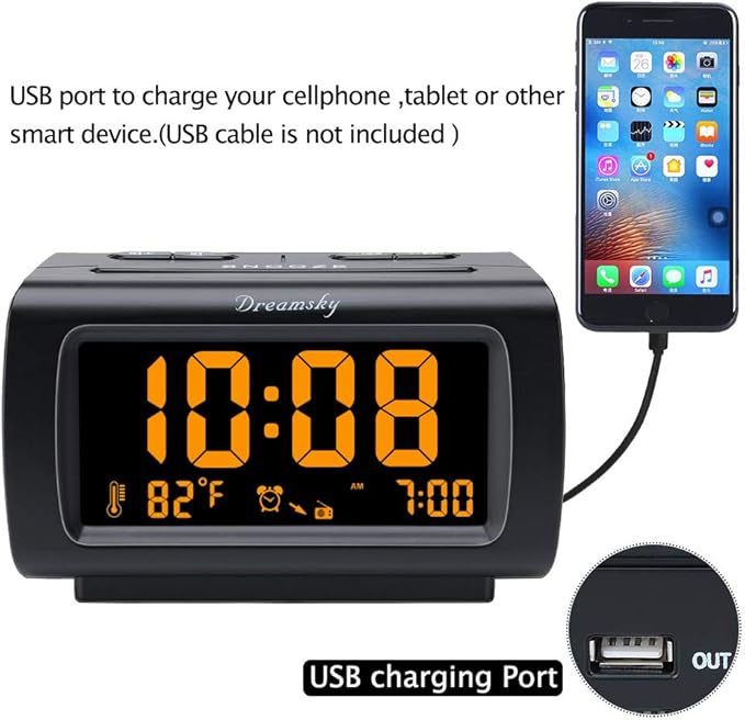 DreamSky Alarm Clock Radios for Bedrooms with Battery Backup, Large Big Numbers with Dimmer Wheel, USB Port, Bedside Digital FM Radio with Sleep Timer, Temperature, Adjustable Volume, Snooze