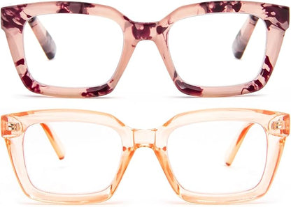 REAVEE 2 Pack Oprah Style Oversized Reading Glasses for Women Men Blue Light Blocking, Ladies Stylish Retro Square Large Computer Readers (Pink Leopard/Tea 2.0x)