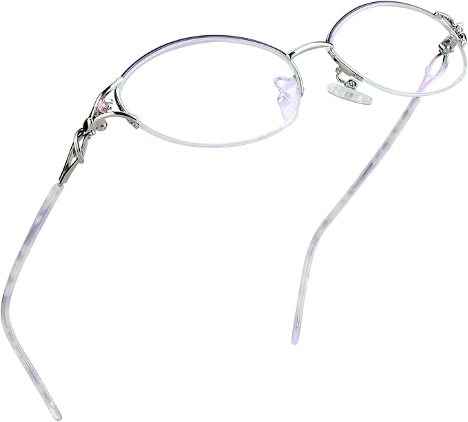LifeArt Alloy Semi-Rimless Reading Glasses,Blue Light Blocking Glasses, Anti Eyestrain, Computer Gaming Glasses, TV Glasses for Women Men, Anti Glare (Purple Silver, +1.25 Magnification)