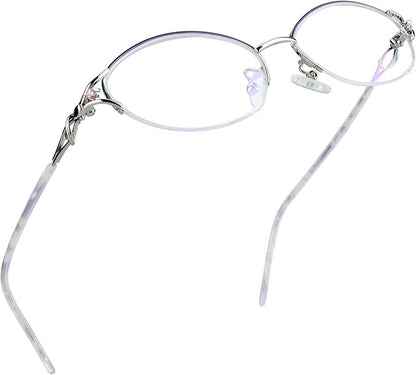 LifeArt Alloy Semi-Rimless Reading Glasses,Blue Light Blocking Glasses, Anti Eyestrain, Computer Gaming Glasses, TV Glasses for Women Men, Anti Glare (Purple Silver, +1.25 Magnification)