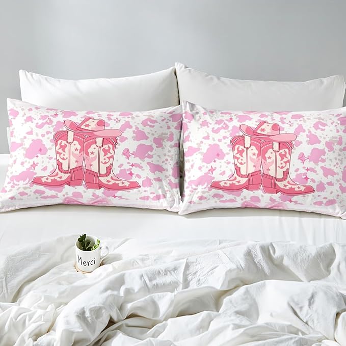 Western Cowgirl Fitted Sheet Queen Size,Ethnic Tribal Boots Hat Retro Soft Bed Cover(1 Fitted Sheet+1 Pillow Case),Princess Lace Pink Bowknot Rustic Cowhide Cow Fur Breathable Mattress Cover