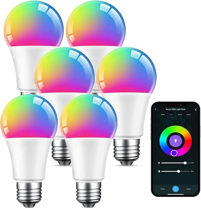 Smart Bulb, WiFi Light Bulbs, Color Changing Light Bulb, Compatible with Alexa & Google Assistant, A19 RGB Alexa Light Bulb, RGB+White, Dimmable LED Light Bulbs, 6 Pack, (WB5-6), Multicolor
