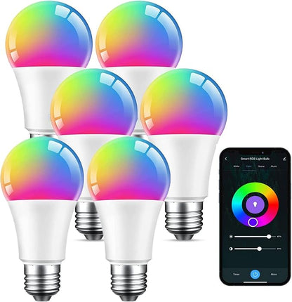 Smart Bulb, WiFi Light Bulbs, Color Changing Light Bulb, Compatible with Alexa & Google Assistant, A19 RGB Alexa Light Bulb, RGB+White, Dimmable LED Light Bulbs, 6 Pack, (WB5-6), Multicolor