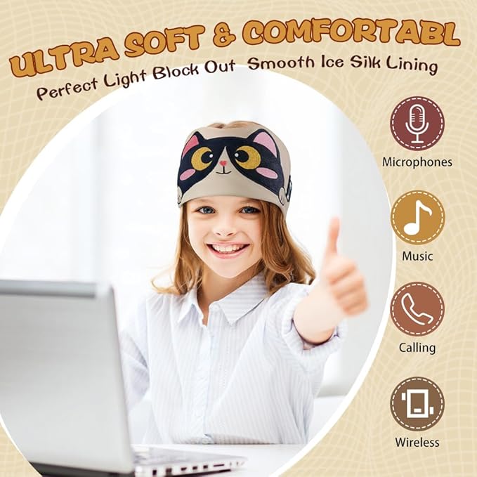 Kids Headband Headphones,Toddler Bluetooth Sleep Mask,Adjustable Wireless Headphones with Wired Playback 3.5 MM Jack Suitable for Study, Travel and Sleep(Beige)