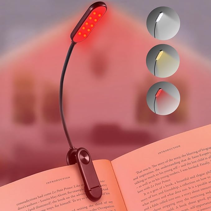 625nm Red Book Light [1 Pack] - Zero Blue Light, Rechargeable Clip On Red Reading Light Lamp for Reading at Night - Poratble Dimmable LED Book Lamp, Gift for Travel Studying Nursing