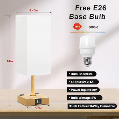 Gold White Touch Table Lamp - Bedside Lamp with USB A + Type C Charging Ports and Two AC Outlets, Small Night Stand with E26 LED Bulb, Desk Light for Bedroom Living Room Office Dorm