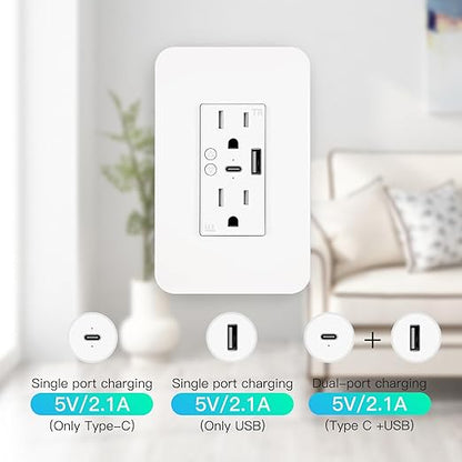 WiFi Smart Plug,in-Wall Smart Home Outlet Compatible with Alexa,Google Assistant,Timer Via App,USB + Type-C Port,Partition Remote Control Smart Socket