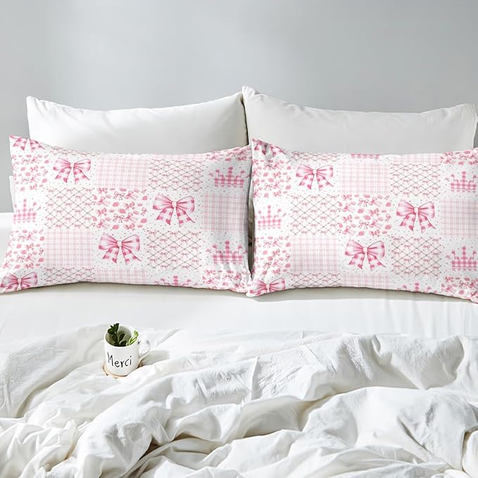 Princess Crown Fitted Sheet Geometric Pink White Plaids Patchwork Bed Sheet Set for Kids Children Teens Kawaii Bowknot Fairy Tale Bow-tie Fantasy Bed Cover Toddler Bedroom Decor,Twin Size