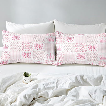 Princess Crown Fitted Sheet Geometric Pink White Plaids Patchwork Bed Sheet Set for Kids Children Teens Kawaii Bowknot Fairy Tale Bow-tie Fantasy Bed Cover Toddler Bedroom Decor,Twin Size