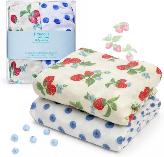 Bamboo Muslin Swaddle Blankets for Newborn – 70% Bamboo Cooling Lightweight Summer Baby Receiving Blankets, Oversized 47x47, 2 Pack – Strawberry Garden