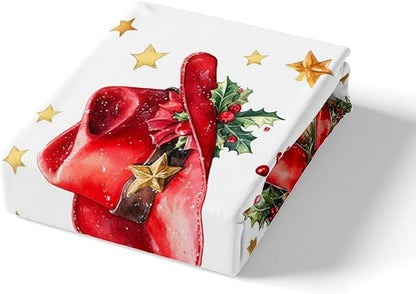 Western Cowgirl Fitted Sheet Full Size 3 Pcs,Red Bowknot Tribal Boots Cap Texas Star Collections(No Flat Sheet),Christmas Poinsettia Leaves Princess Bow Bedding Deep Pocket for Kids