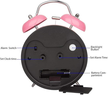 Peakeep 4 Inches Twin Bell Loud Alarm Clock for Heavy Sleepers Kids, Battery Operated Old Fashioned Alarm Clock (3D-Dial, Pink)