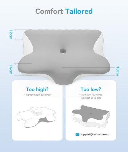 Cervical Neck Pillow for Pain Relief - Cervical Pillow for Side Back Stomach Sleepers, Ergonomic Orthopedic Support Pillow for Sleeping with Memory Foam, Cooling Pillowcase, Grey