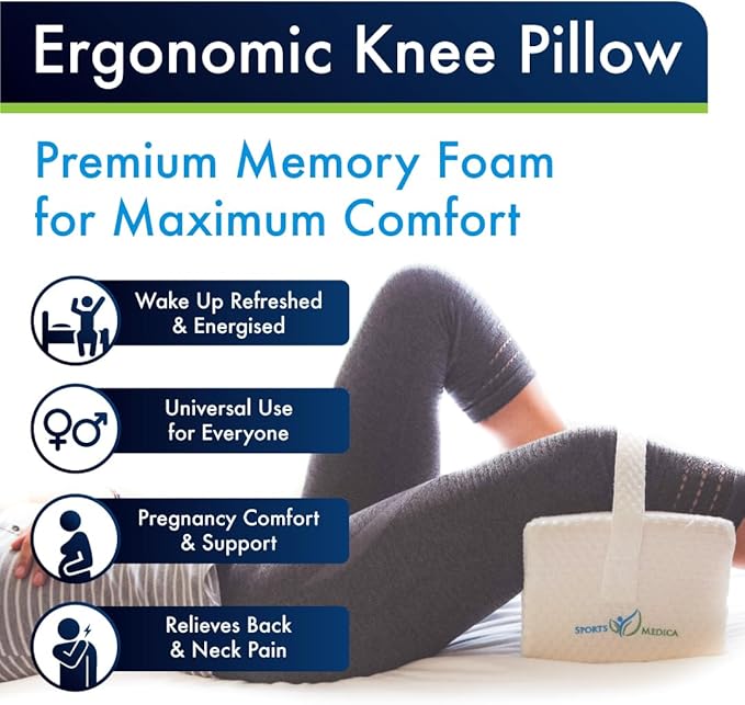 Sports Medica Doctor Developed Knee Pillow for Side Sleepers - Washable Cover Memory Foam Leg Pillow for Side Sleeping, Lower Back & Sciatica Pain Relief - Spine Alignment - Between Knee Hip Cushion