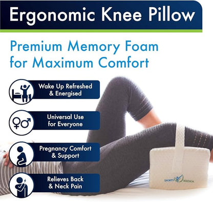 Sports Medica Doctor Developed Knee Pillow for Side Sleepers - Washable Cover Memory Foam Leg Pillow for Side Sleeping, Lower Back & Sciatica Pain Relief - Spine Alignment - Between Knee Hip Cushion