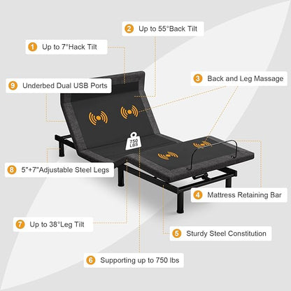 MUUEGM Adjustable Bed Base Frame, Ergonomic Electric Bed Bases with Wireless Remote Control and Head-Pillow-tilt, USB A&C, Massage, Zero Gravity, Anti-Snore, Twin XL