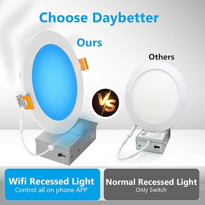 DAYBETTER WiFi 6 Inch Recessed Lights Can -RGBCW Color Changing Tunable White (2700KK-6500K), Ultra Thin Dimmable LED Alexa Voice Control Wafer Light Easy Install 2Pack