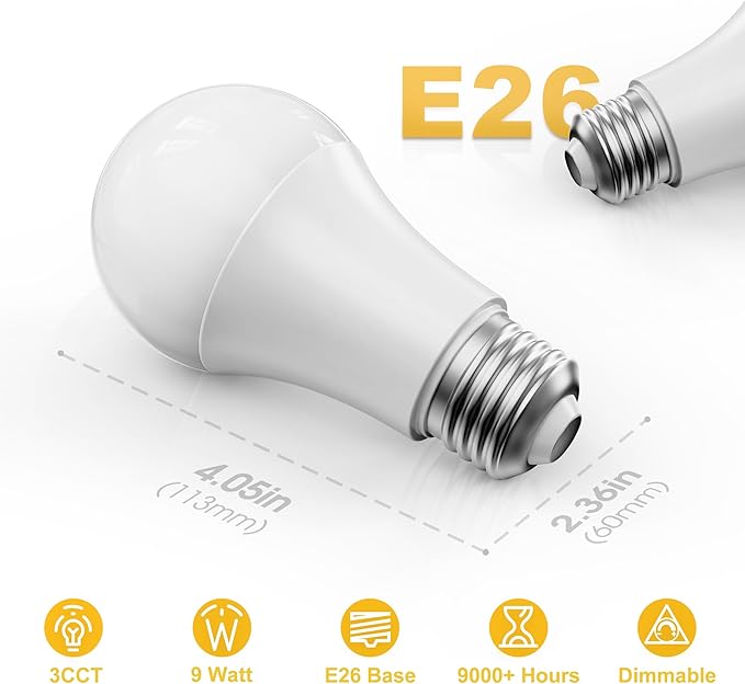 Briignite LED Light Bulbs, Warm Light Bulb 9W Equivalent 60W, A19 E26 Base - 3CCT Adjustable (1800K/2700K/5000K) for Lamps, Amber Night Light Bulbs, Blue Light Blocking, No Blue Light, 2 Pack