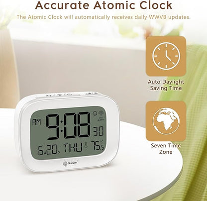 Geevon Small Digital Atomic Alarm Clock for Bedroom, Portable Battery Operated Travel Desk Clock for Heavy Sleepers, with 10s Backlight, Temperature, 3 Inch Display, White