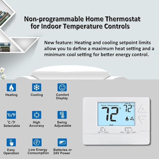 Thermostat for Home Non-Programmable Single-Stage Systems,1 Heat / 1 Cool,Easy DIY,White Backlight