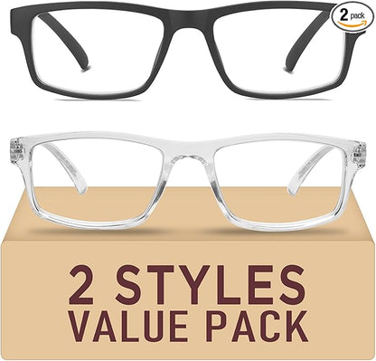 2 Pack Reading Glasses,Upgraded TR Blue Light Blocking Reading Glasses,Filter UV Ray/Glare Computer Readers,Stylish Lightweight Spring Hinges Eyeglasses for Women Men(Black/Transparent,3.5)