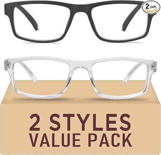 2 Pack Blue Light Glasses,Quality TR Computer Gaming Glasses,99% Filter UV Ray/Glare Computer Readers, Stylish Lightweight Spring Hinges Eyeglasses for Women Men(Black/Transparent)